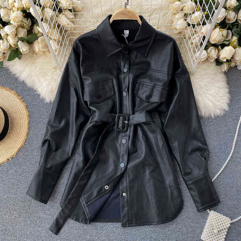 Fitaylor 2022 Nya Spring Women Pu Leather Jacket Fashion Single Breasted Lapel Leather Jacket With Belt Lady Shirt Jacket L220801