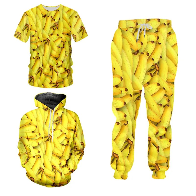CJWI Casual 3D DIY Fruits Pastèque Banane Orange Ananas Sweat Pantalon 3 Pièce Ensemble À Capuche Veste Pull Survêtement Personnalisé 220714
