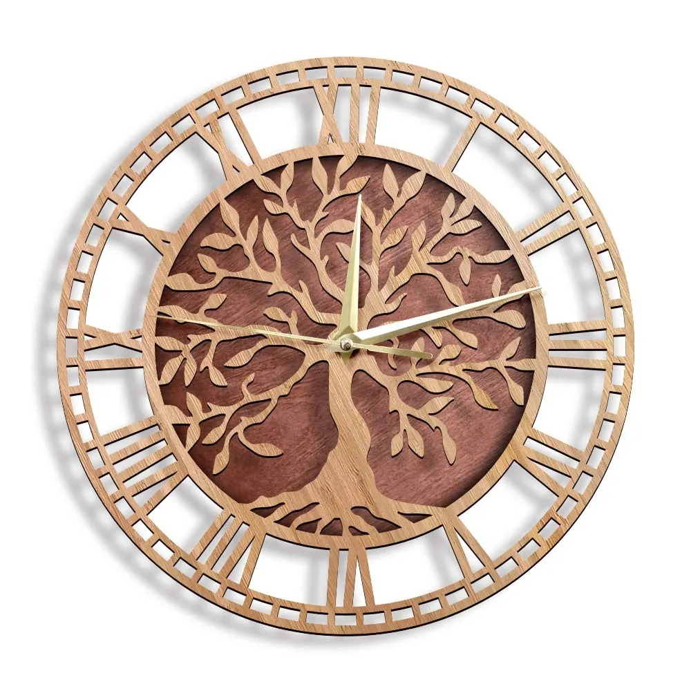생명 나무의 나무 벽 시계 농가 스타일 패밀리 트리 예술 조용한 시계 홈 장식 레이저 컷 벽 감시 주택 매매 선물