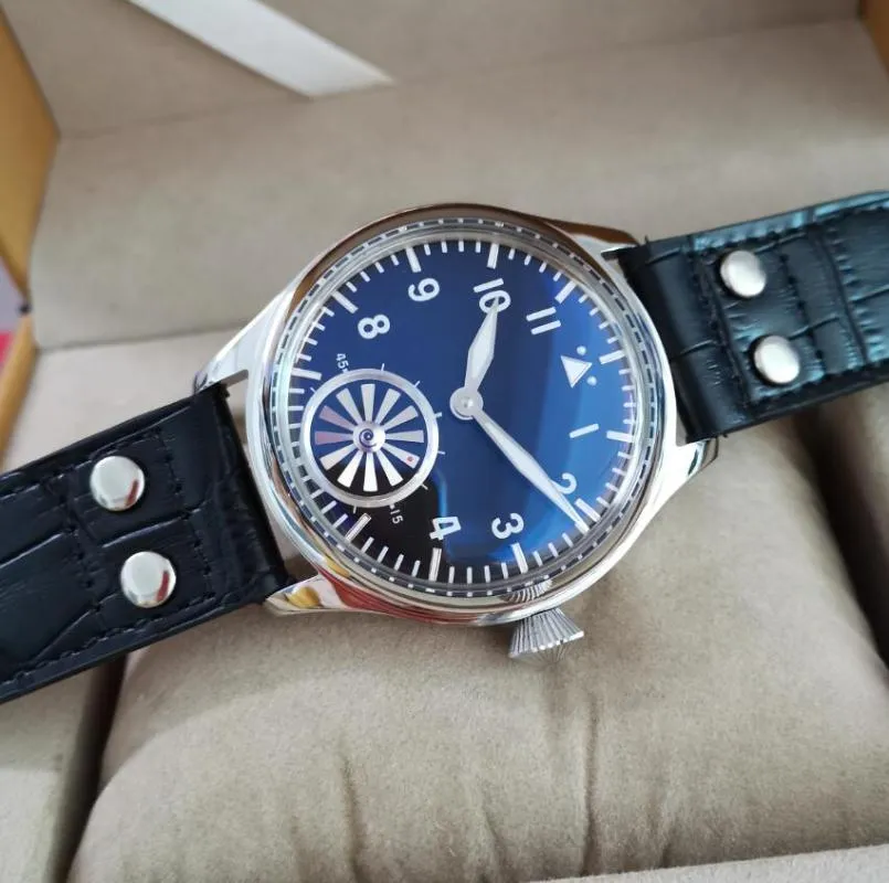 Horloges 44 mm zonder logo Mechanisch handopwindbaar herenhorloge Zwarte wijzerplaat Blauw glas Ardennen Bubble Spiegel Roterende turbine Seagull 256I