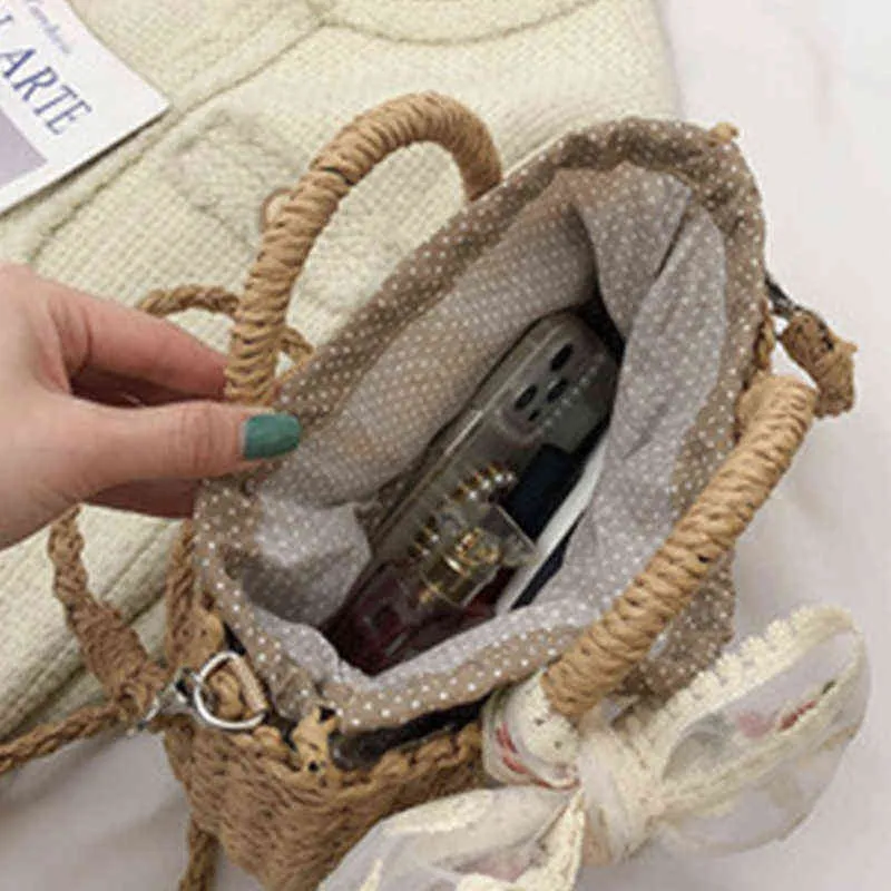 Alışveriş torbaları yaz şerit saman dokuma el yapımı kadın çanta seyahat tatil plaj rahat alışveriş sepeti rattan omuz bolsa 220318