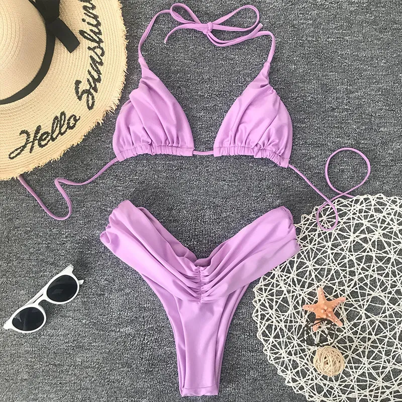 SeeSeaC Sexy Folds Purple Swimwear Women Bathing Suits Fashion Solid Push Up Swimsuit Female Triangle Cup Type Bandage Bikinis 220527