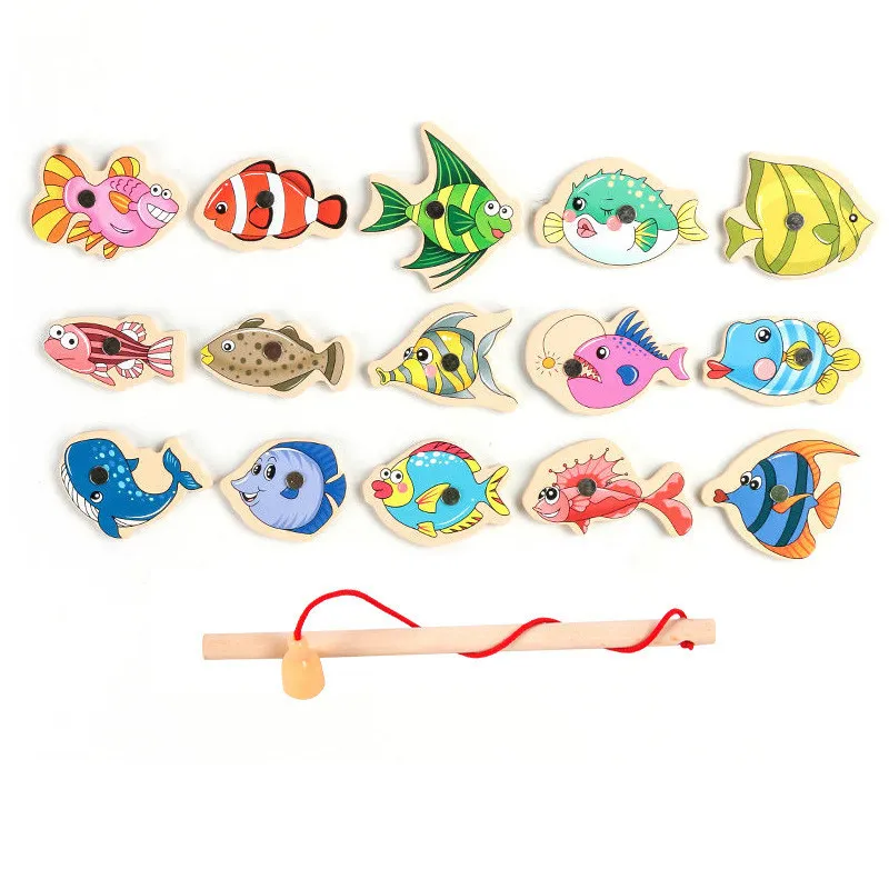 Wooden Magnetic Fshing Game Cartoon Marine Life Cognition Fish Rod Toys for Children Early Educational Parentchild Interactive 220621