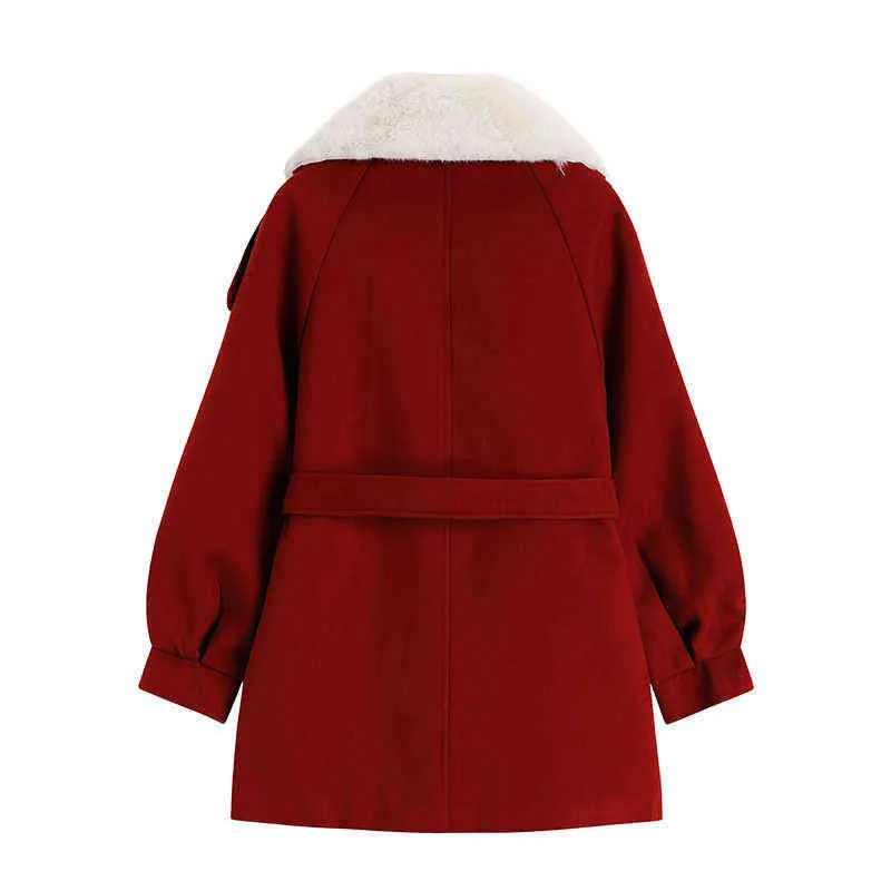 大きなファーカラーウールジャケット秋の冬女性新しい韓国スタイルダブルブレストコットンジャケットチャイニーズレッドクリスマスジャケット女性l220725