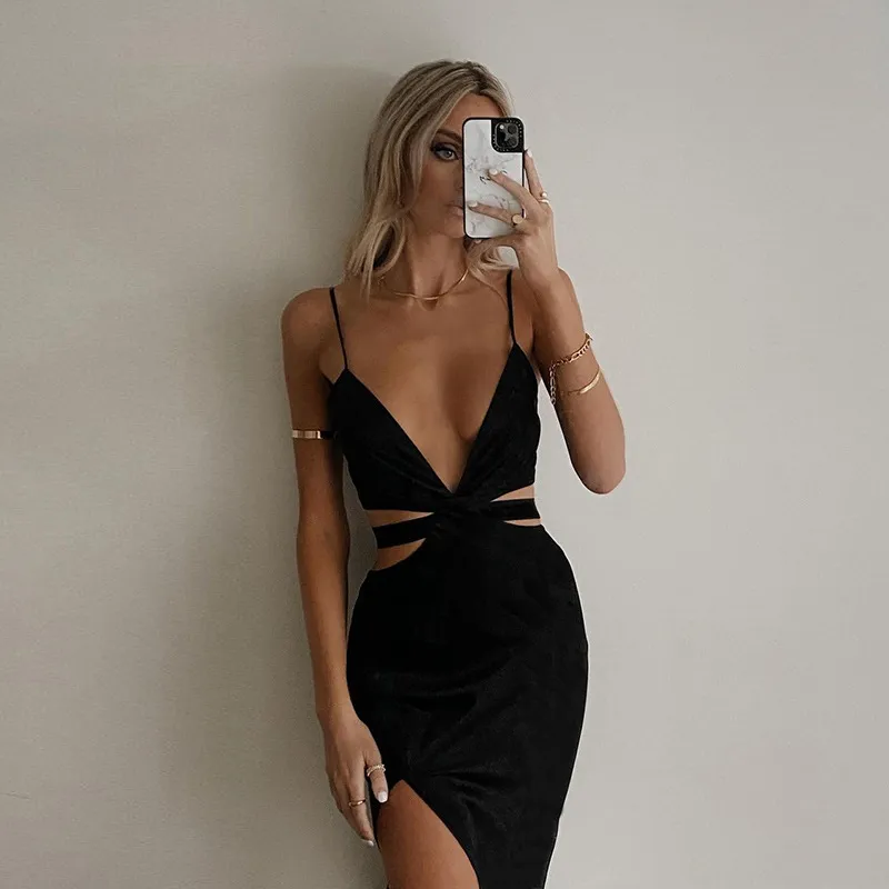 Cryptographic Sexy Backless Cutout Midi Dress Club Party Outfits for Women Sleeveless Elegant Straps V Neck Dresses Vestidos 220613