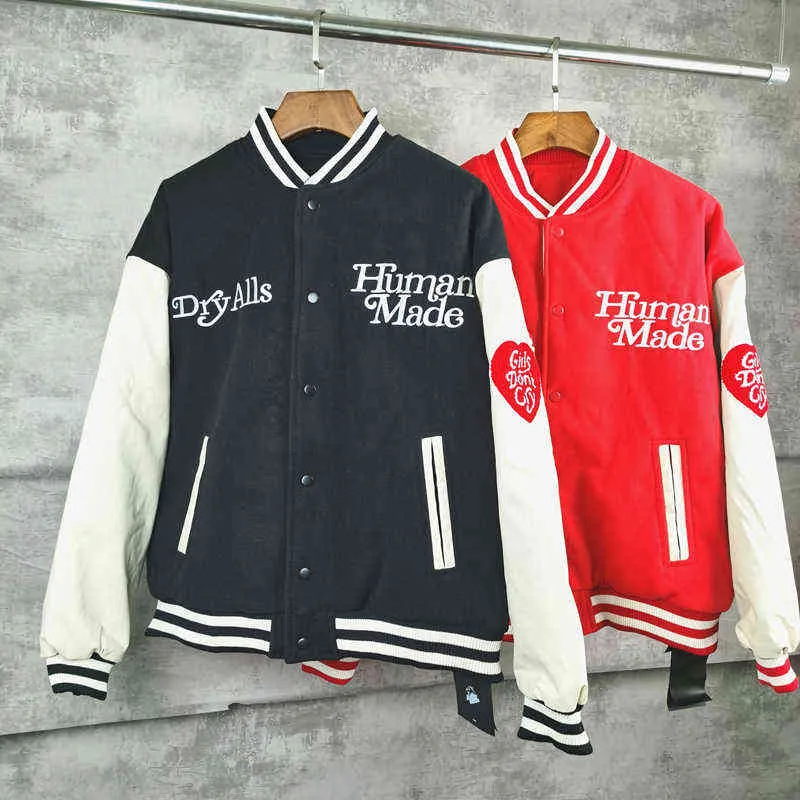 Human Made Jack Girls Don't Cry Love Leather Sleeves Baseball Uniform Men and Women Casal Jacket Humanly fez moletom T220721 T220721
