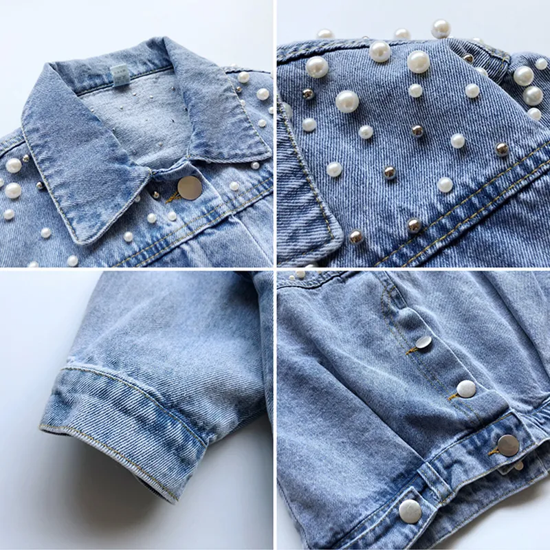 Jackets Pearls Beading Denim Jacking Girls Fashion Coats 어린이 의류 가을 가을 아기 소녀 옷 겉옷 진 재킷 코트 220826