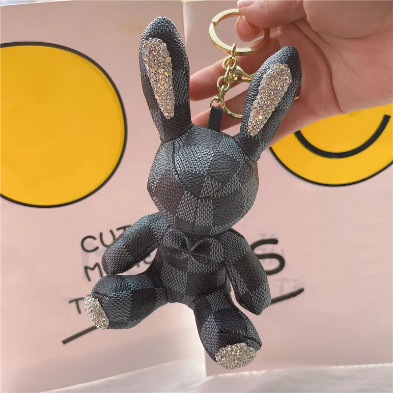 Animal Rabbit Keyrings PU Leather Luxury Rhinestone Key Chains Rings Jewelry Fashion Black Brown Flower Plaid Design Pendant Bag C296t