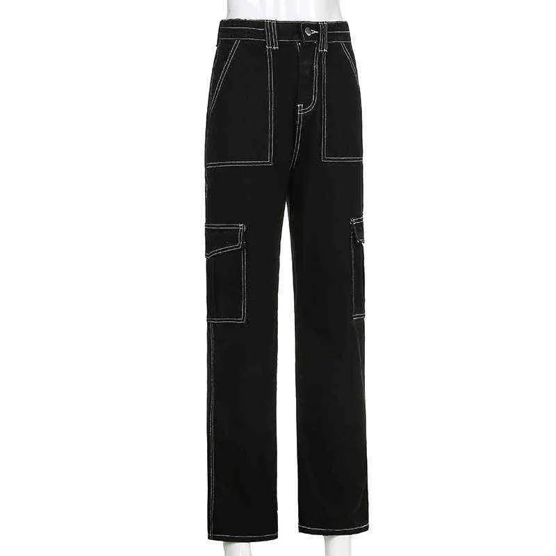 Tasche europee e americane Patchwork Jeans larghi Donna Pantaloni in denim di cotone Pantaloni cargo larghi Streetwear T220728