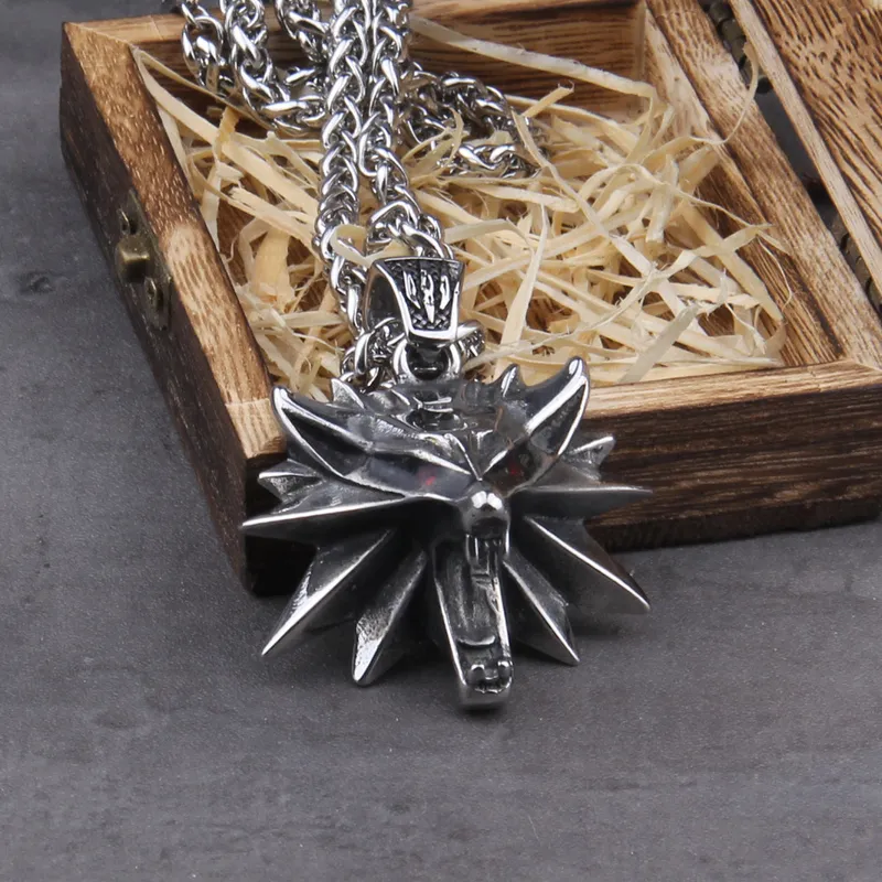 Stainless Steel TheWitcher jewelry Wizard 3 Wild Hunt Game pendant necklace Geralt wolf head necklace with wooden box 2208056125173584092