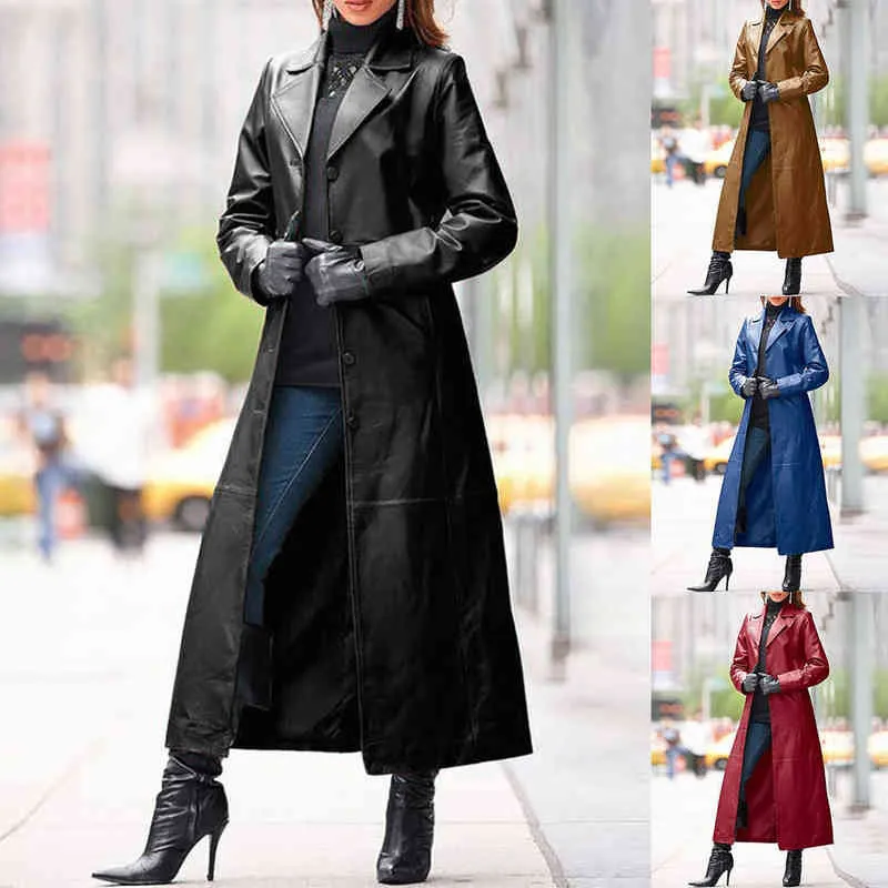 Curly Women Jacket Autumn Winter Solid Color Faux Leather Long Slim Wind Jacket Windjacket Plus Size Fashion Cool Jackets L220725