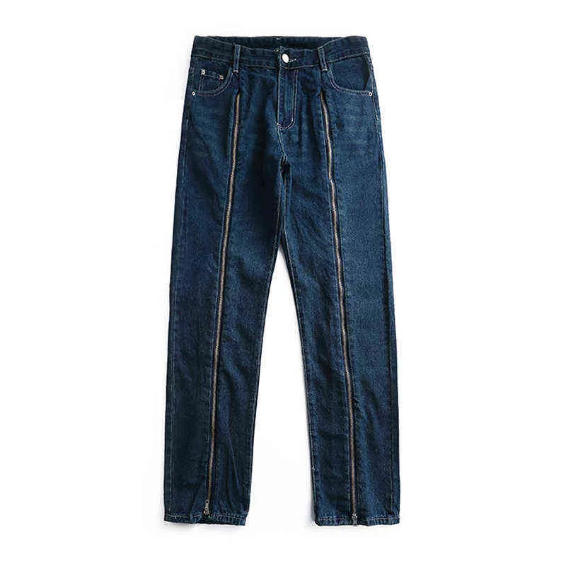 Front Long Zipper Checkered Patchwork Streetwear Retro Mens Jeans tvättade rakt överdimensionerade rippade casual denimbyxor T220803