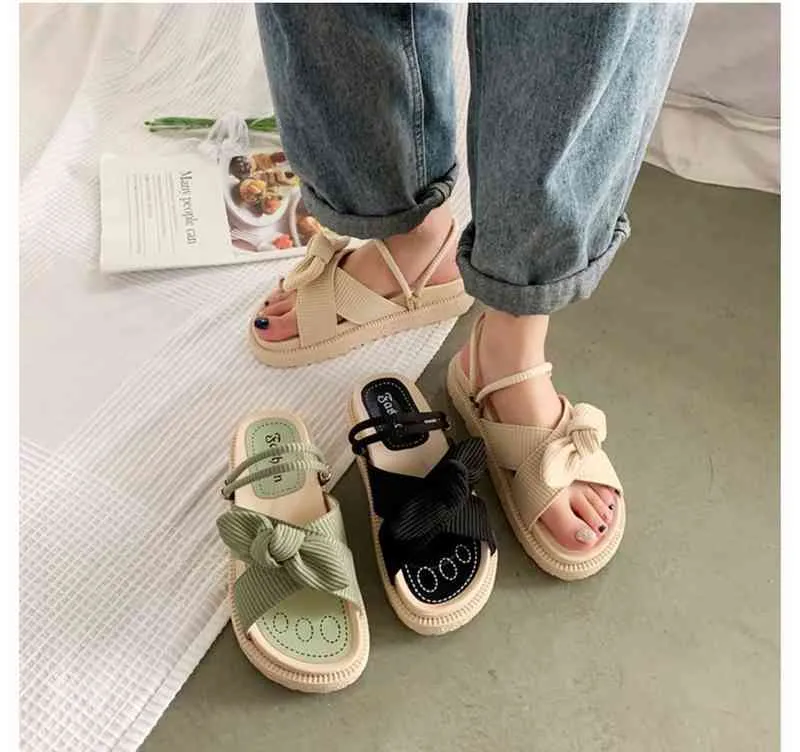 2022 New Sandals Ladies Summer Fairy Style Fashion Student Thick Soled Roman Flats Indoor Slippers Bows Plus Size 43 Y220412