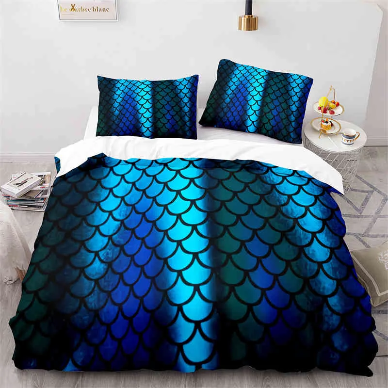 Écailles de poisson colorées ensemble de literie pour enfants fille bleu rose sirène peau Surface impression housse de couette avec taies d'oreiller décor de chambre