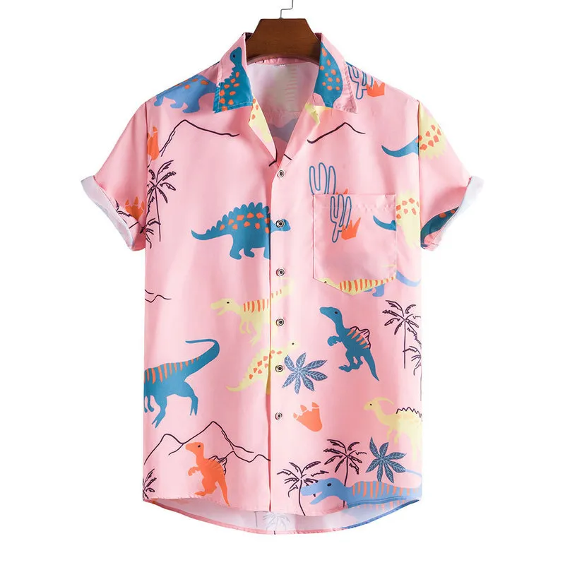 ファッションハワイアンシャツメンズ面白いスタイル恐竜漫画プリント半袖ピンクシャツ男性韓国服220521