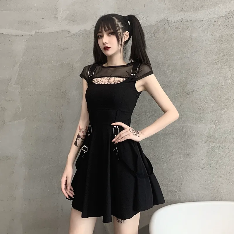 InsDoit Harajuku Sexy Mesh Hollow Out Black Mini Jurk Gothic Vintage Bandage Hoge Taille Streetwear Punk Patchwork 220521