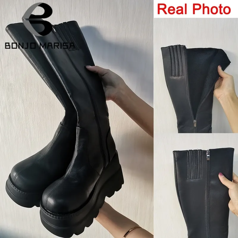 BONJOMARISA ladies fashion platform chunky heel wedges mid calf women boots casual brand thick bottom winter shoes woman 220808