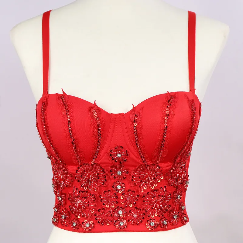 Francese Retro Canotta Donna Perline Paillettes Backless Crop Top Intimo Push Up Bustier Reggiseno Nightclub Party Canotte 220318