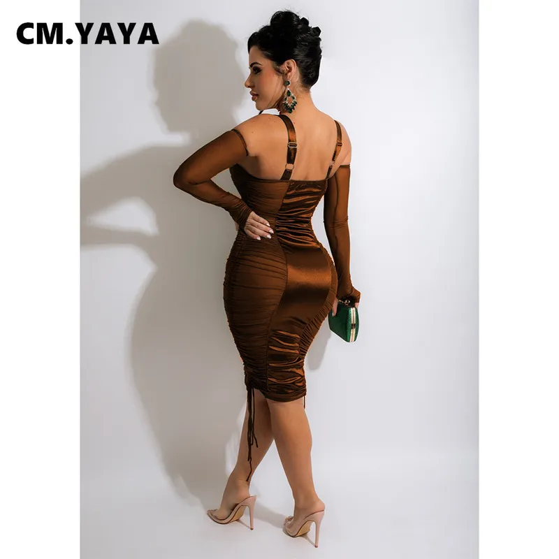 CM.YAYA Womem Bodycon Bandage Spaghetti Strap Zipper Fly avec Oversleeve Mesh Satin Patchwork Ruched Midi Dress Sexy Party 220516