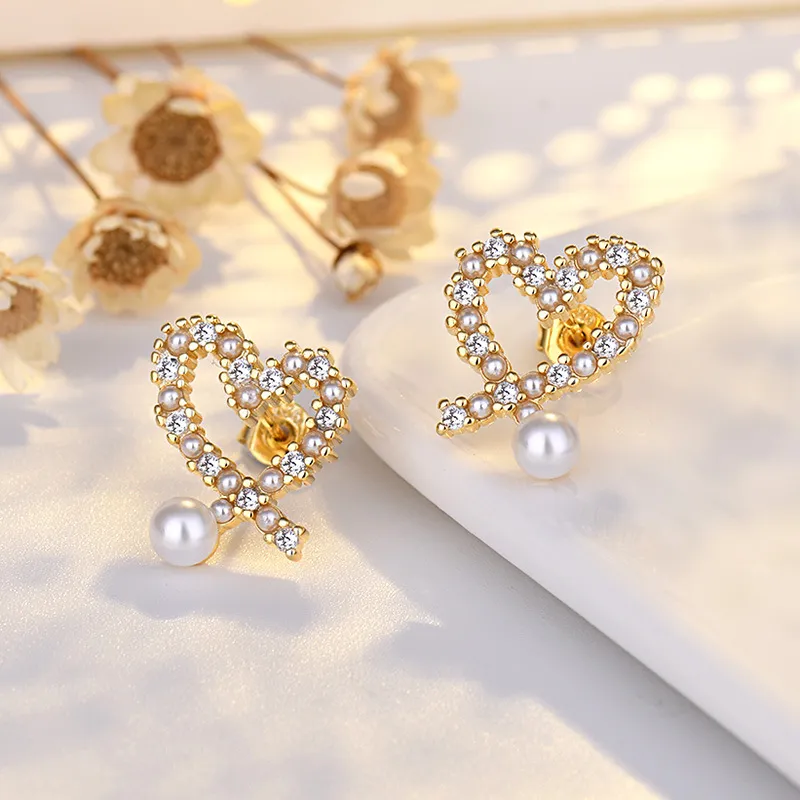 Pendientes de plata 925 con diseño de corazón de amor dulce OL con brillantes cristales brillantes y diamantes de oro de 18 quilates, aretes de diseñador de perlas de lujo e2279