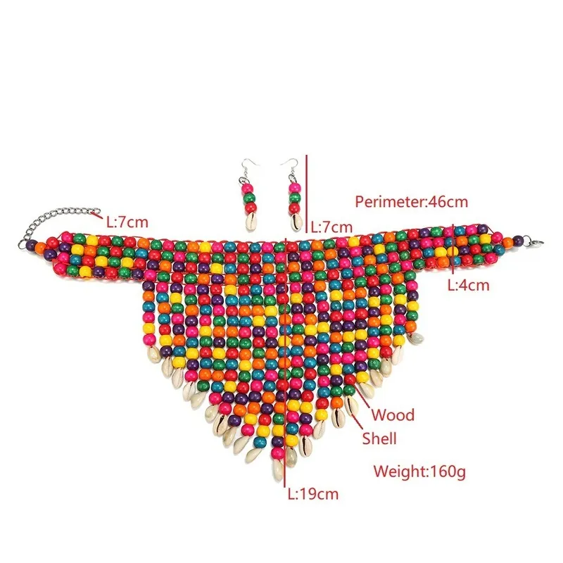 Afrikanische Statement-Klobige Halsketten für Frauen, mehrsträngige bunte Perlen-Halskette, Modeschmuck, Kostüm-Ohrringe-Set 220810