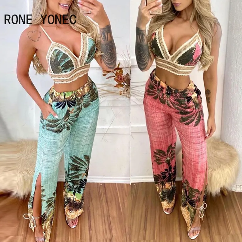 Women Tropical Print Lace Trim Crop Top & Slit Pants Set Summer Vacation Suit 220315