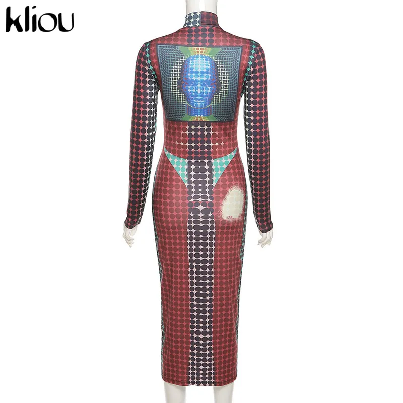 Kliou Aesthetic Print Maxi Dress Women Spring Mock Neck Long Sleeve Bodycon Skirt Female Skinny Clothing Y2K Streetwear 220506248E