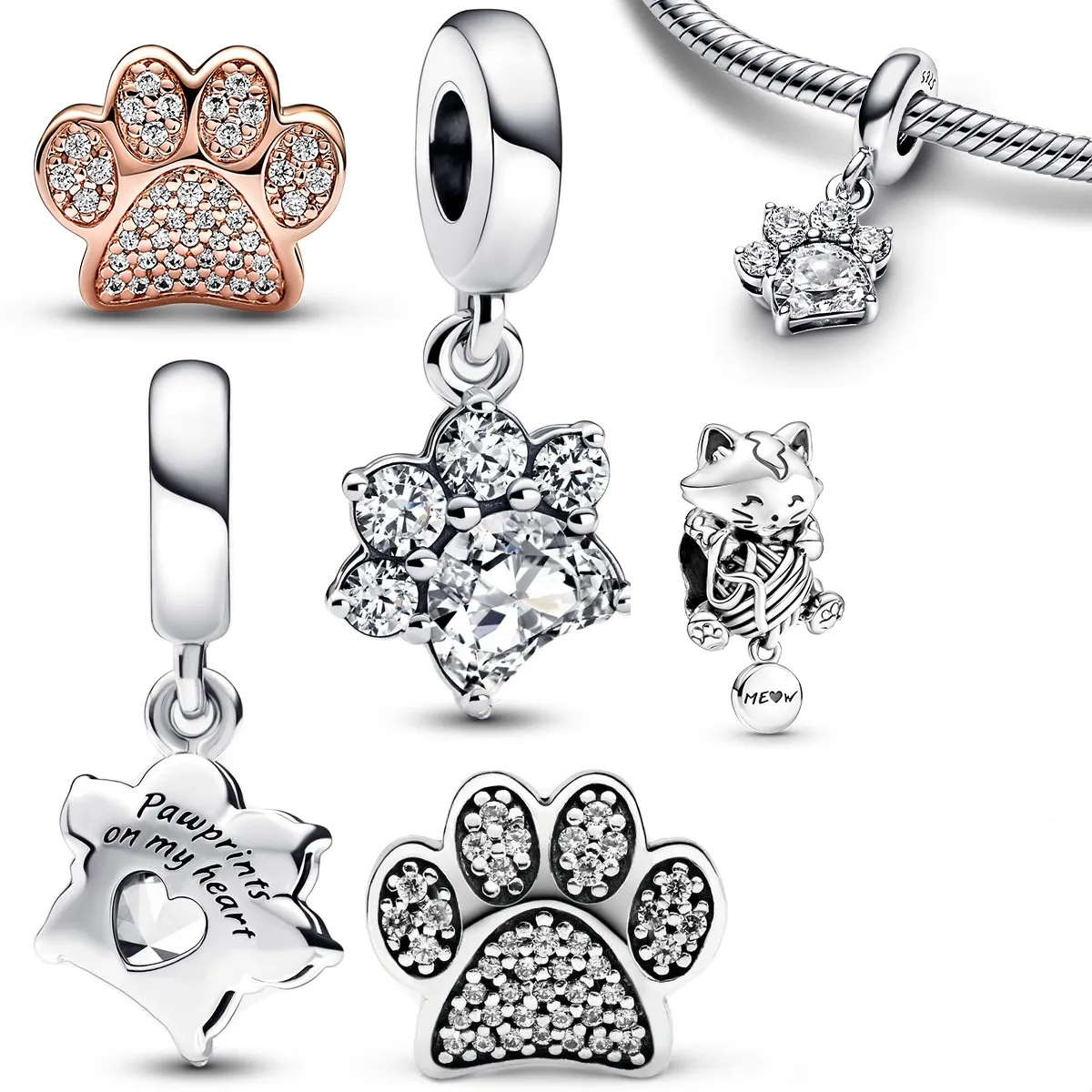 Neuer trendiger Charm aus 100 % 925er Sterlingsilber, wunderschöner glänzender Pfotenabdruck-Anhänger, Kätzchen-Charm, passend für Pandora-Armbänder, DIY-Schmuck, Geschenkherstellung