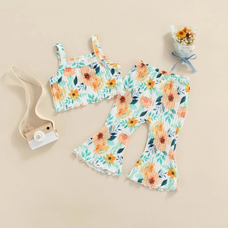 Kleidungssets für 0–18 Monate geborene Babys, 2-teilig, Sommer-Unterhemd, Tanks, ausgestellte Hosen, Blumenmuster, süßer Stil