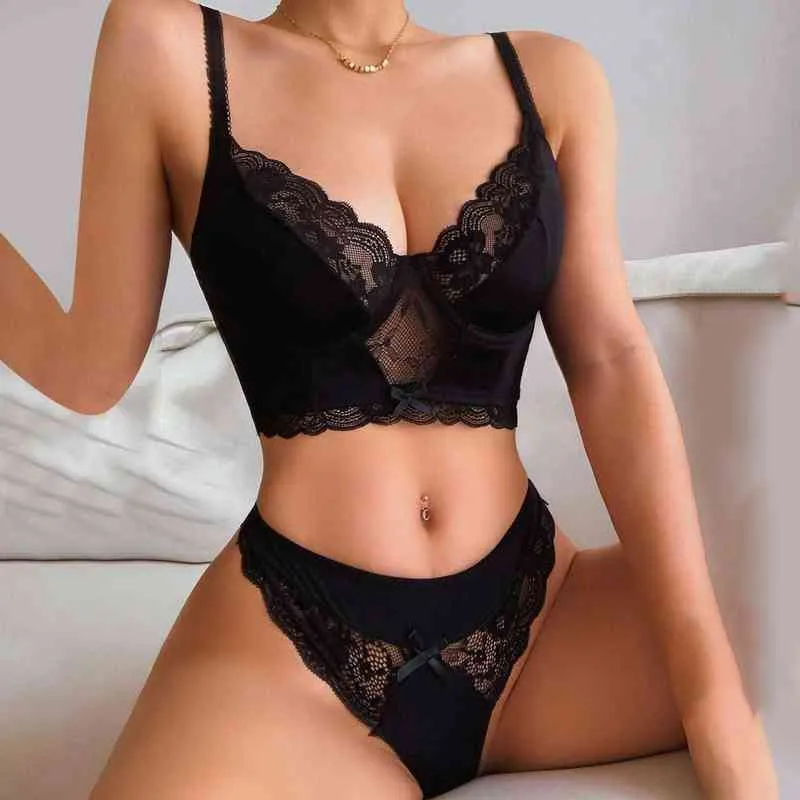 Bequeme dünne Baumwolle Brasserie Stickerei BHs Unterwäsche Set Sexy Cup Plus Size BH Set Damen Dessous Spitze Schwarz 2022 L220727