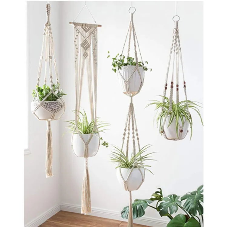 Hemväxthängare macrame rep krukor hållare rep vägg hängande planterhängare korg växter innehavare inomhus blomkruts korgar lyft zc1145