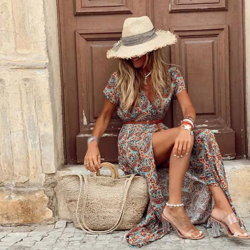 Summer Boho Long Dres Casual Paisley Print Belt Maxi Sukienka Elegancka V Neck krótki rękaw damska sukienka plażowa vestidos D220611