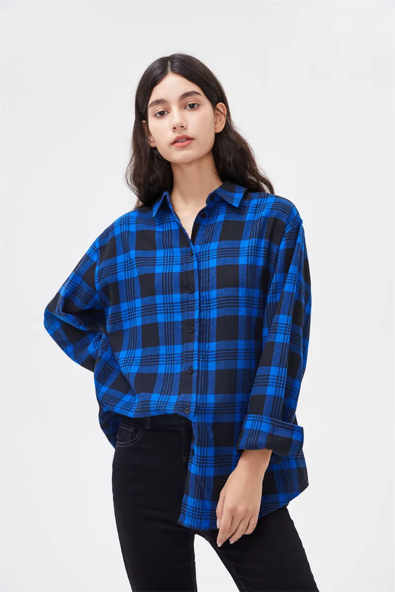 Primavera Autunno Tops Donna Plaid Camicie Allentate Blusa Oversize Casual Flanella Flies Casual Top Manica lunga Manica lunga Camicie Blusas 220407