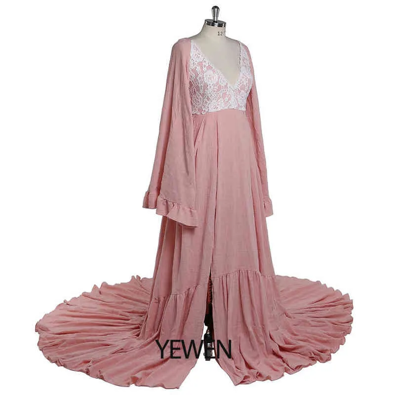 Rückenfreies Umstandsfotokleid mit V-Ausschnitt, lange ausgestellte Ärmel, Fotoshooting-Kleid Yewen YD J220628