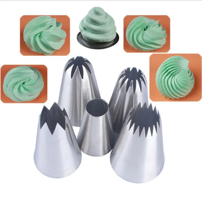 Juego de 5 uds de puntas de decoración de crema de pastel de Metal grande, herramientas de repostería, boquilla de manga pastelera de acero inoxidable, decoradores de postres con cabeza de Cupcake 220815