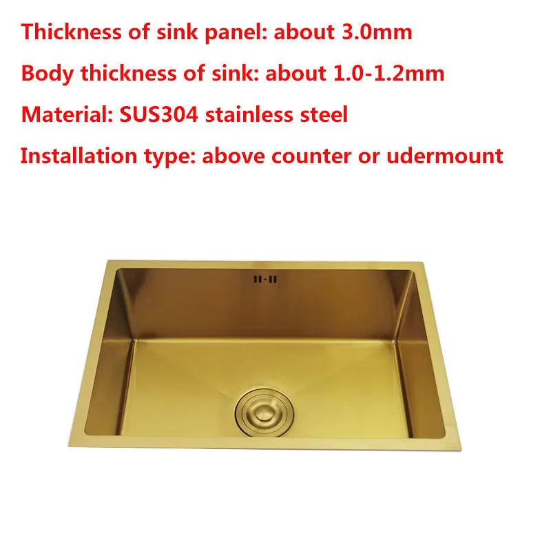 Gold Kitchen Sink 304 rostfritt stål handfat över räknare eller undermonterad installation en enda bassäng bar sjunka gyllene tvättbassäng3168804