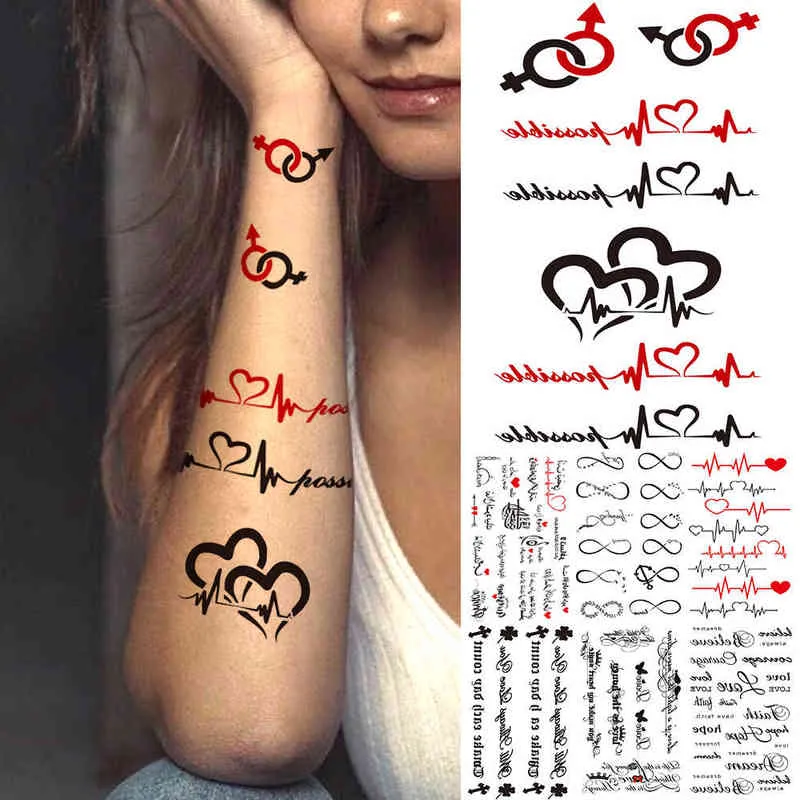 Nxy tillfällig tatuering hjärtslag karaktär liten s för tjejer pojkar par unik text vattentäta klistermärken kropp konst falska tatoos 0330