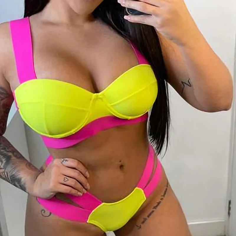 Blesskiss sexig push up bikini kvinnor baddräkt thong klippte ut neon bandage brasilianska badkläder baddräkt badbikini set 220518