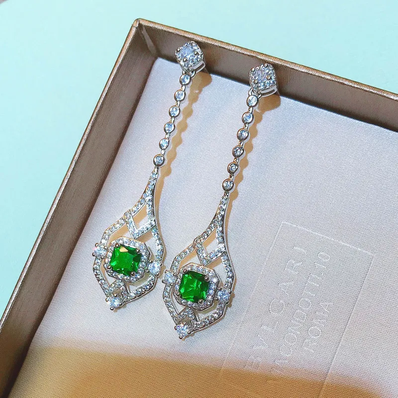 RUZZALLATI Vintage Antique Lab Emerald Jewelry Silver Color Hollow Design Long Drop Earring for Women Dangler Gift 2207182332640