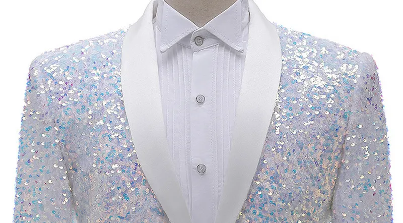 Shiny White Sequin Glitter Tuxedo Blazer Men Shawl Collar One Button Dress Suit Jacket Mens Wedding Party Stage Clothes 220527