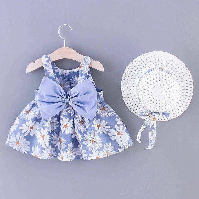 2021 neue Mode Baby Mädchen Kleider Prinzessin kleidung Nette 2 stücke set Party Baumwolle Blume Kinder Bogen Hut Ärmel Süße 1-3Y G220518