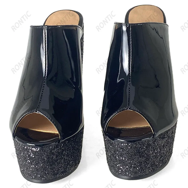 Rontic New Handmade Mulheres Mules Sandálias Unisex Glitter Wedges Heels Operado Aberto Black Party Shoes Tamanho 5-20