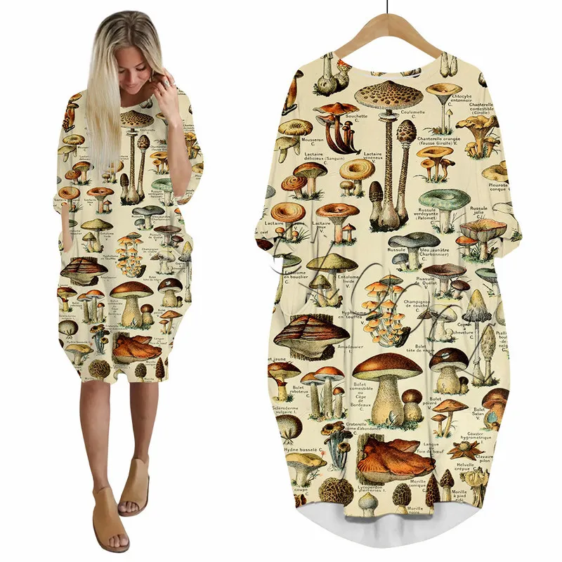 Винтажное платье с 3D принтом овощей и грибов, повседневное женское платье с карманами, праздничная одежда, женское платье с длинными рукавами W220617