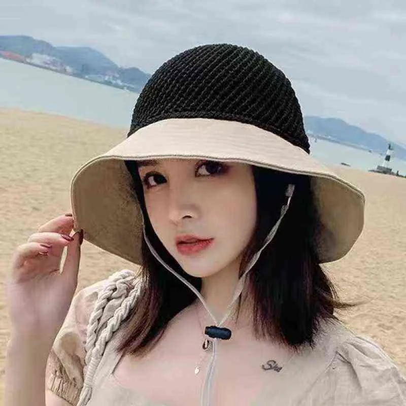 2022 nuova estate a tesa larga floscio cappello da donna cappello di paglia cappello da sole berretti da spiaggia cappello da donna protezione UV berretto da viaggio semplice moda berretto da donna G220418