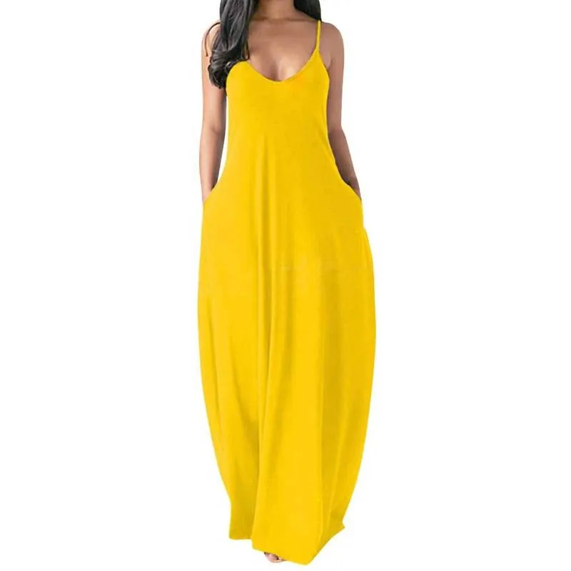 Robe d'été pour femmes, grande taille, sexy, col en V, sans manches, bretelles spaghetti, robe longue, couleur unie, S 5XL, 220521
