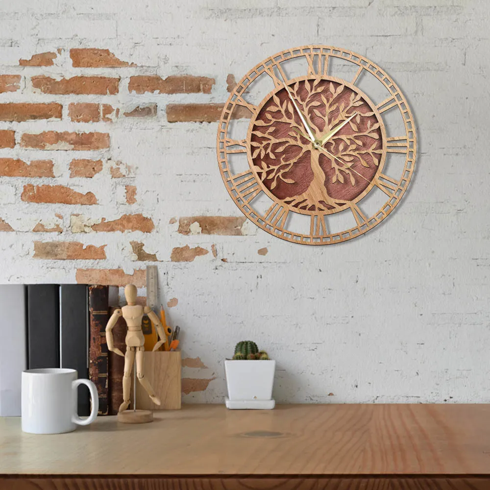 생명 나무의 나무 벽 시계 농가 스타일 패밀리 트리 예술 조용한 시계 홈 장식 레이저 컷 벽 감시 주택 매매 선물
