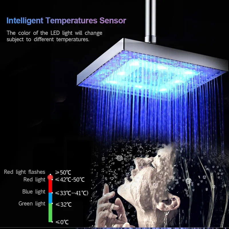 Soffione doccia LED Rainfall Square Testina sensore di temperatura che cambia automaticamente colore bagno 220510