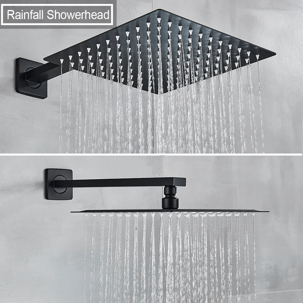 マットブラックウォールマウントバスルームシャワー降雨シャワーミックスホットおよびコールドウォーターミキサータップ埋め込みボックスコントロールバルブ