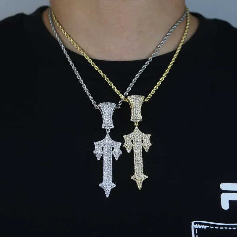 Chains Hip Hop Full Paved Iced Out Bling 5A Cubic Zirconia Letter Charms Cz Cross Sword Pendant Necklace For Men Boy Rock JewelryC231H
