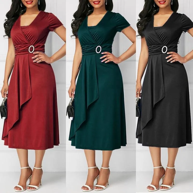 Fashion Elegant Women Solid Color Short Sleeve V Neck Asymmetric Hem Waist Tight Midi Party Dress Ladies Evening Vestidos 220629